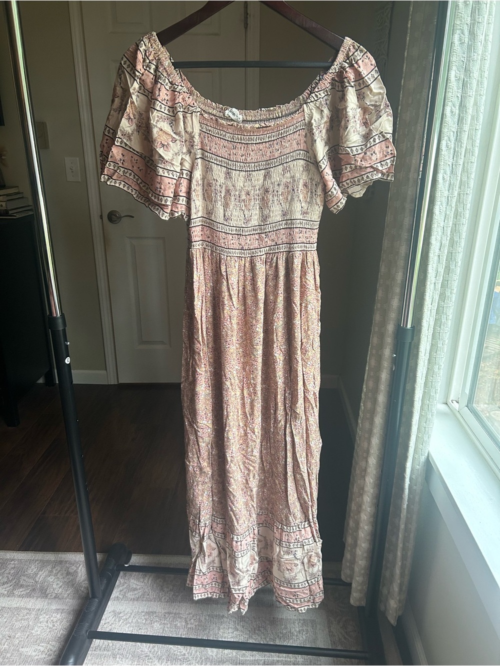 Smocked Boho Off-Shoulder Maxi Dress in Dusty Pink
